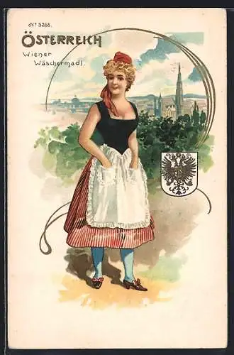 Lithographie Wien, Wiener Wäschmadl, Panorama und Wappen
