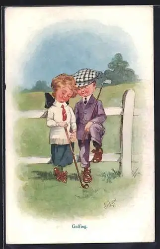 Künstler-AK T. Gilson: Pärchen am Zaun beim Golf
