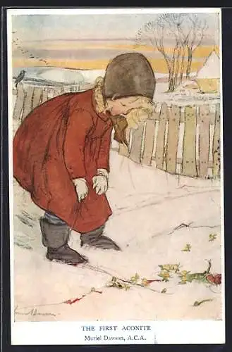 Künstler-AK sign. Muriel Dawson: Mädchen im Wintermantel blickt auf Eisenhut im Schnee