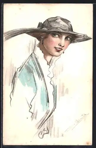 Künstler-AK bezauberndes Fräulein mit Hut, Art Deco