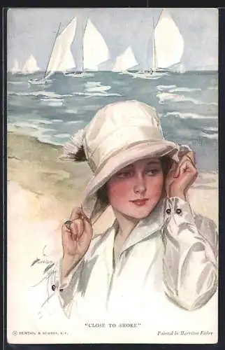 Künstler-AK Harrison Fisher: Close to Shore, Frau mit Hut
