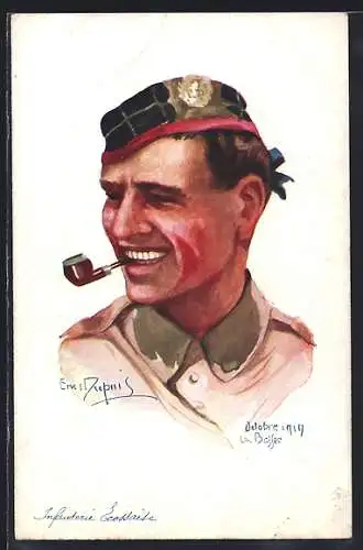 Künstler-AK Em.Dupuis: schottischer Soldat der Infanterie in Uniform mit Pfeife