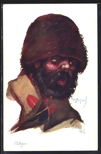 Künstler-AK Em. Dupuis: Kosake mit Fellmütze