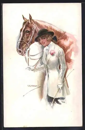 Künstler-AK Luis Usabal: hübsche Reiterin mit ihrem Pferd