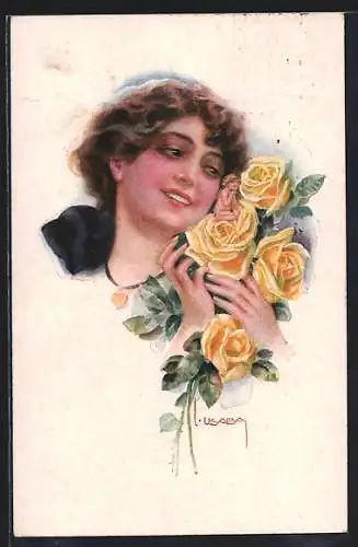 Künstler-AK Luis Usabal: Frauenportrait mit gelben Rosen