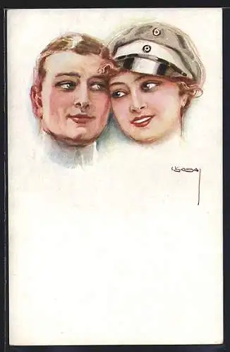 Künstler-AK Luis Usabal: Liebespaar, Frau mit Soldatenmütze