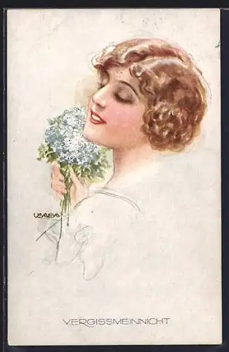 Künstler-AK Luis Usabal: Frau mit Blumenstrauss