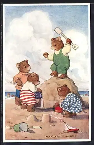 Künstler-AK Margaret Tempest: Bärenkinder bauen Sandburg an Strand
