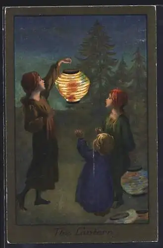 Künstler-AK S. Barham: The Lantern, 3 Mädchen mit Lampion vor Tannen