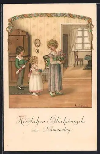 Künstler-AK Pauli Ebner: Kinder im Wohnzimmer mit Blumen und Schriftrolle