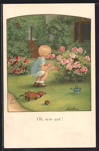 Künstler-AK Pauli Ebner: Oh, wie gut!, Kind und Rosen