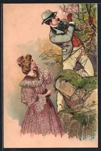 Lithographie Mann plückt Blumen für seine Liebste, Joyeuse Promenade