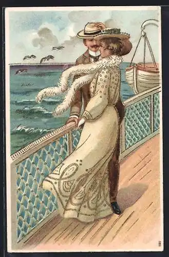 AK Ob du mich liebst, Liebespaar an Deck von Schiff