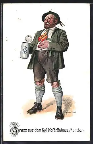Künstler-AK Fritz Quidenus: Mann in Tracht mit Bierkrug im Münchner Hofbräuhaus