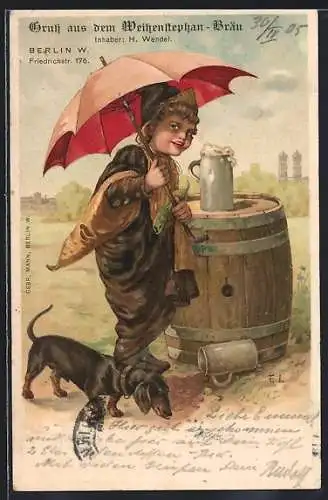 AK Münchner Kindl mit Regenschirm und Dackel an einem Bierfass
