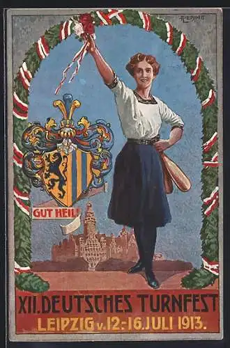 AK Leipzig, XII. Deutsches Turnfest 1913, junge Dame in Turnkleidung und mit Keulen und Blumenstrauss
