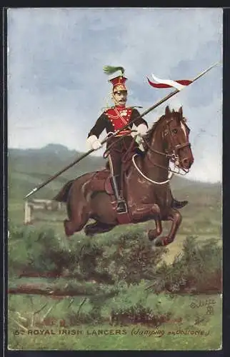 Künstler-AK 5th Royal Irish Lancers, soldier with horse jumping an obstacle