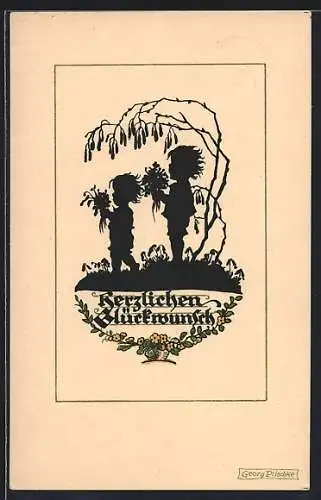 Künstler-AK Georg Plischke: Herzlichen Glückwunsch, zwei Kinder mit Blumen stehen unter einem Strauch