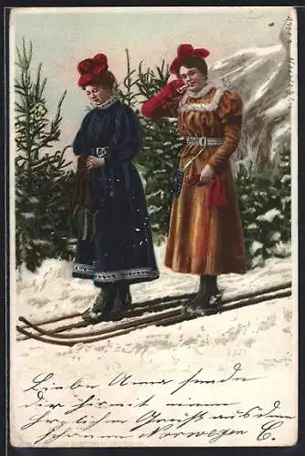 Lithographie zwei junge Damen laufen Ski