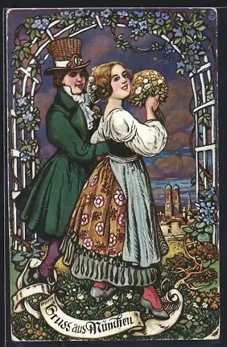Künstler-AK München, Paar geht duch ein Tor mit Blumeschmuck