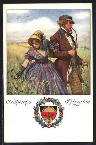 AK Deutscher Schulverein Nr. 317: Fröhliche Pfingsten, Biedermeier-Paar