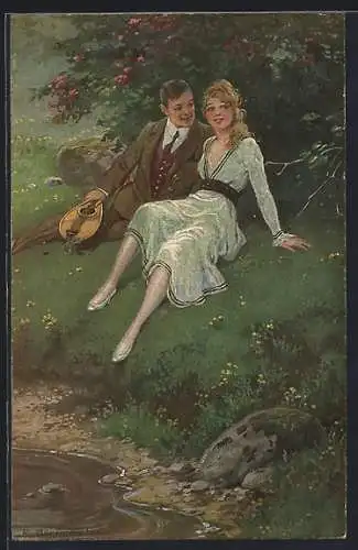 Künstler-AK R. Borrmeister: Liebesfrühling, Junges Paar mit Mandoline am Ufer