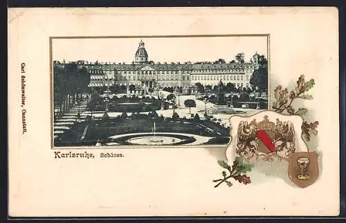 AK Karlsruhe, Parkansicht vor dem Schloss, das Wappen
