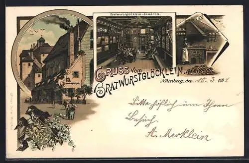 Lithographie Nürnberg, Gasthaus Bratwurstglöckchen mit Innenansichten