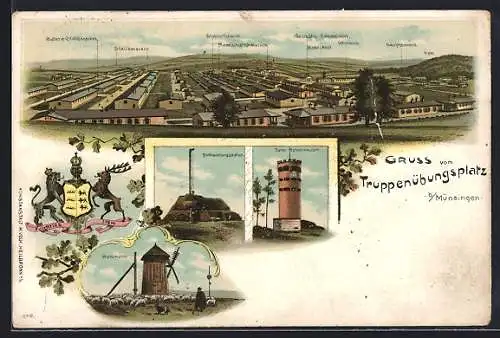 Lithographie Münsingen, Truppenübungsplatz, Teilansicht mit Stallbaracken, Geschäfts-Zahlmeisterbetrieb und Bade-Anstalt