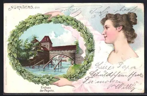 Lithographie Nürnberg, Einfluss der Pegnitz, im Eichenlaubrahmen von Frau gehalten