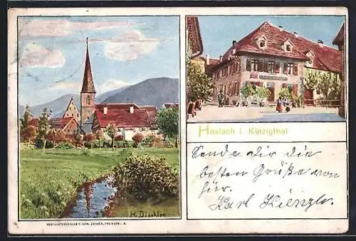 Künstler-AK Haslach i. Kinzigthal, Panorama und Marktplatz