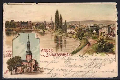 Künstler-AK Erwin Spindler: Sangerhausen, Uferpartie & Kirche und Kriegerdenkmal