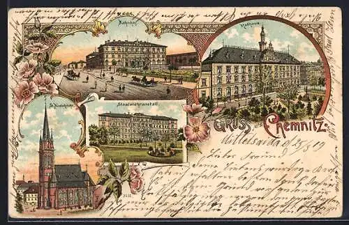 Lithographie Chemnitz i. Sa., Staatslehranstalt, St. Nicolaikirche, Rathaus, Bahnhof