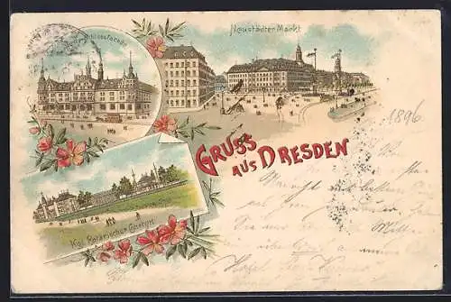 Künstler-AK Dresden-Neustadt, Markt, Botanischer Garten, Neue Schlossfassade, Blumen