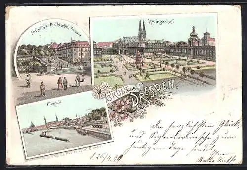 Lithographie Dresden, Zwingerhof, Elbquai, Aufgang z. Brühlschen Terrassen