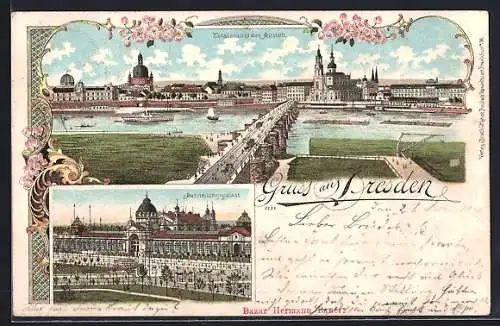 Lithographie Dresden, Totalansicht der Altstadt, Ausstellungspalast, Dampfer, Blumen, Um 1900