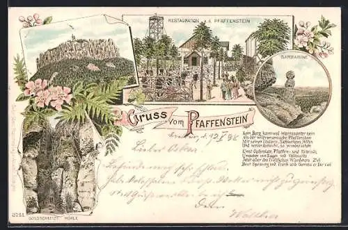 Lithographie Pfaffenstein, Goldschmidt Höhle, Barbarine, Restauration a. d. Pfaffenstein