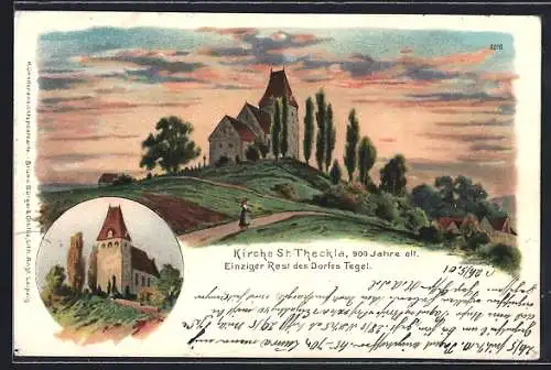 Lithographie Leipzig, Kirche St. Theckla, einziger Rest des Dorfes Tegel