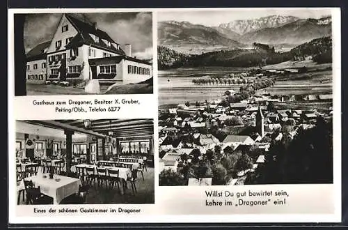 AK Peiting, Innen- und Aussenaufnahme des Gasthauses zum Dragoner und eine Vogelschau des Ortes