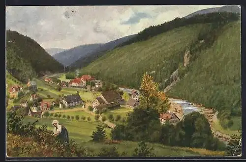 Künstler-AK Schönmünzach /Murgtal, Ort mit Bergkulisse