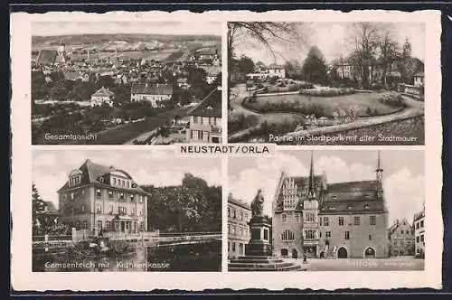 AK Neustadt / Orla, Ortsansicht, Partie im Stadtpark mit alter Stadtmauer, Rathaus, Gamsenteich m. Krankenkasse