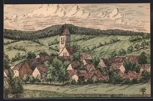 Künstler-AK Ostrach / Hohenzollern, Panorama mit Kirche