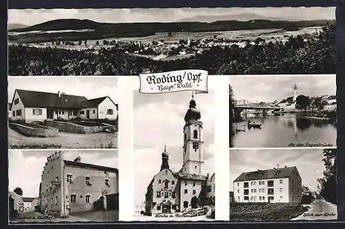 AK Roding /Opf., Brauerei u. Gasthof Greiner, Rathaus, Regenbrücke