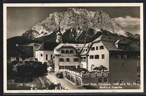 AK Lermoos, Hotel Post mit Blick auf die Zugspitze