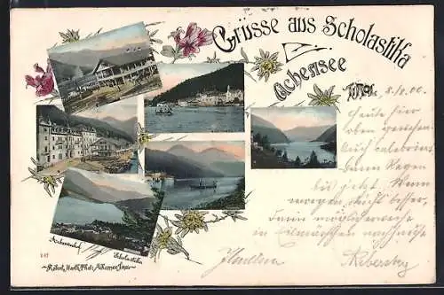AK Scholastika am Achensee, Mehrfachansichten des Ortes um 1900