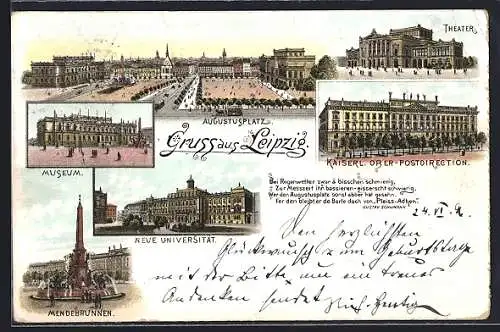 Lithographie Leipzig, Augustusplatz, Menderbrunnen und Universität