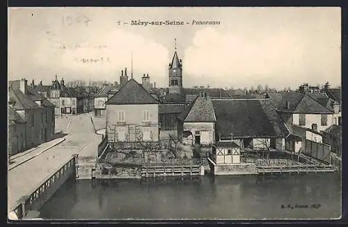 AK Méry-sur-Seine, Panorama du village avec clocher et rivière