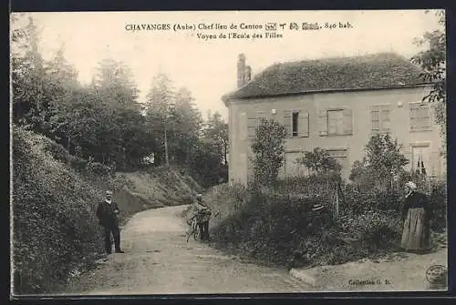 AK Chavanges, Vue de l`École des Filles avec chemin et passants