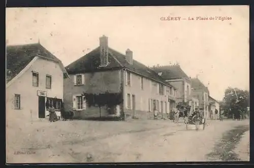 AK Clérey, La Place de l`Église avec maisons et charrette