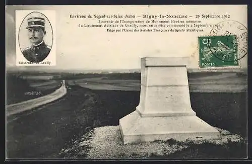 AK Rigny-la-Noneuse, Monument en mémoire du Lieutenant Aviateur de Grailly, 29 Septembre 1912
